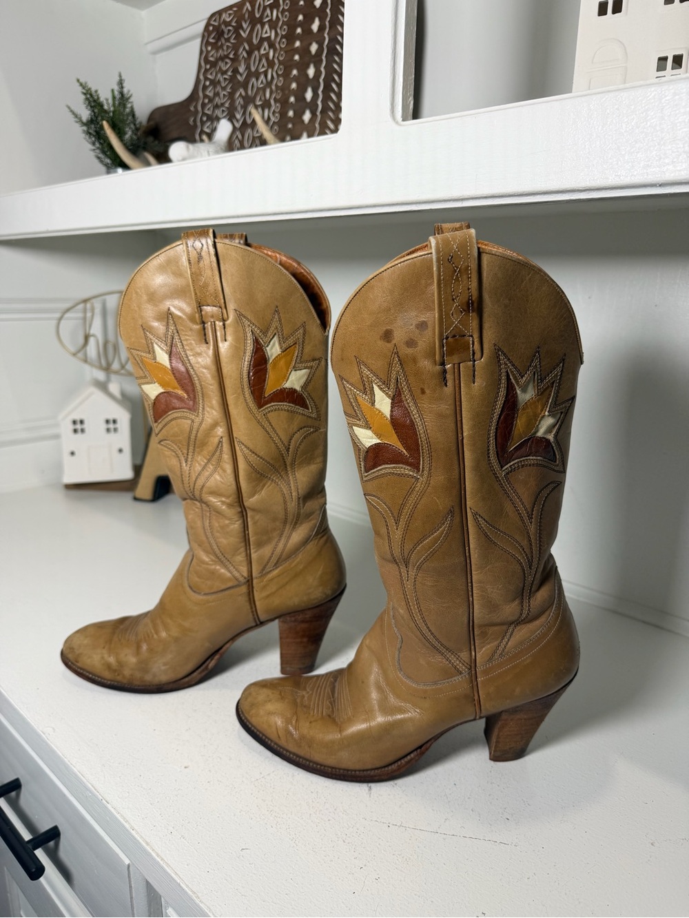 Dan Post Made in Spain Women's 7 Tan Leather Cowboy Boots Vintage Western